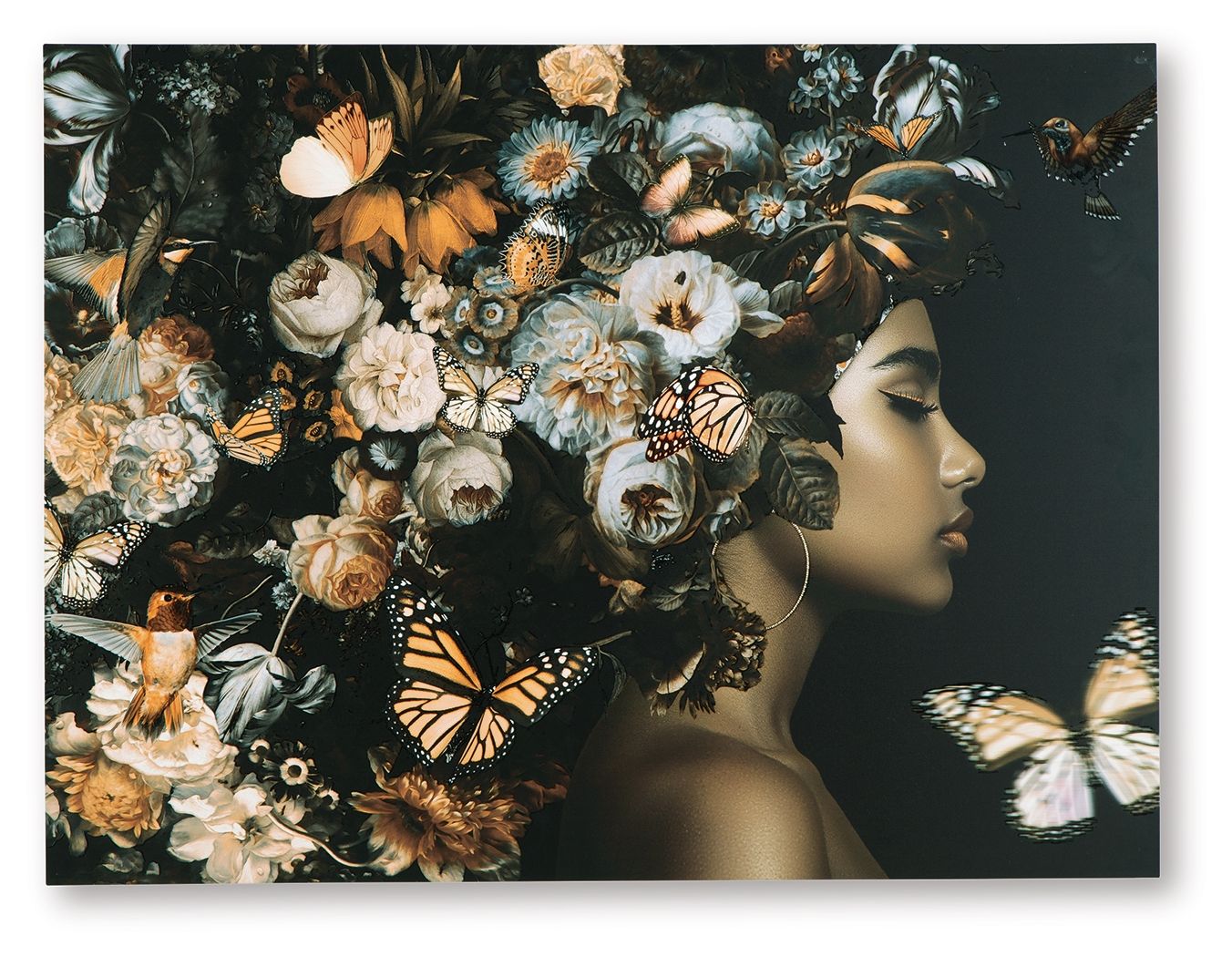 Floral wall art with a woman profile, butterflies, and orange, black, and white tones