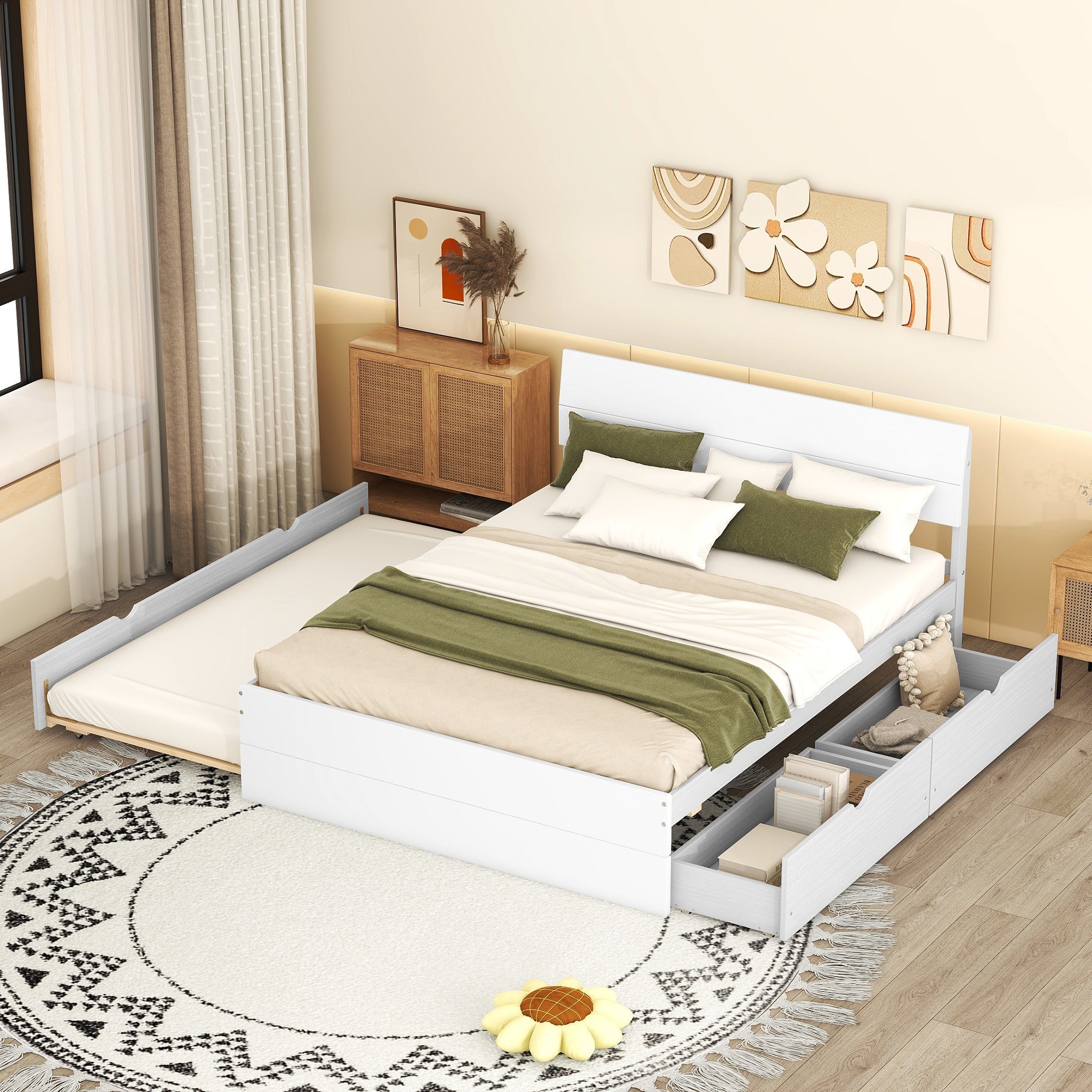 Modern Full Bed Frame w/ Twin Trundle & 2 Drawers - White High Gloss