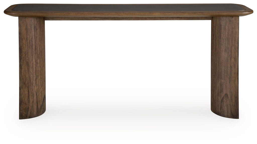 Warm brown wood sofa table, low rectangular top with tapered square legs