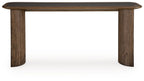 Warm brown wood sofa table, low rectangular top with tapered square legs