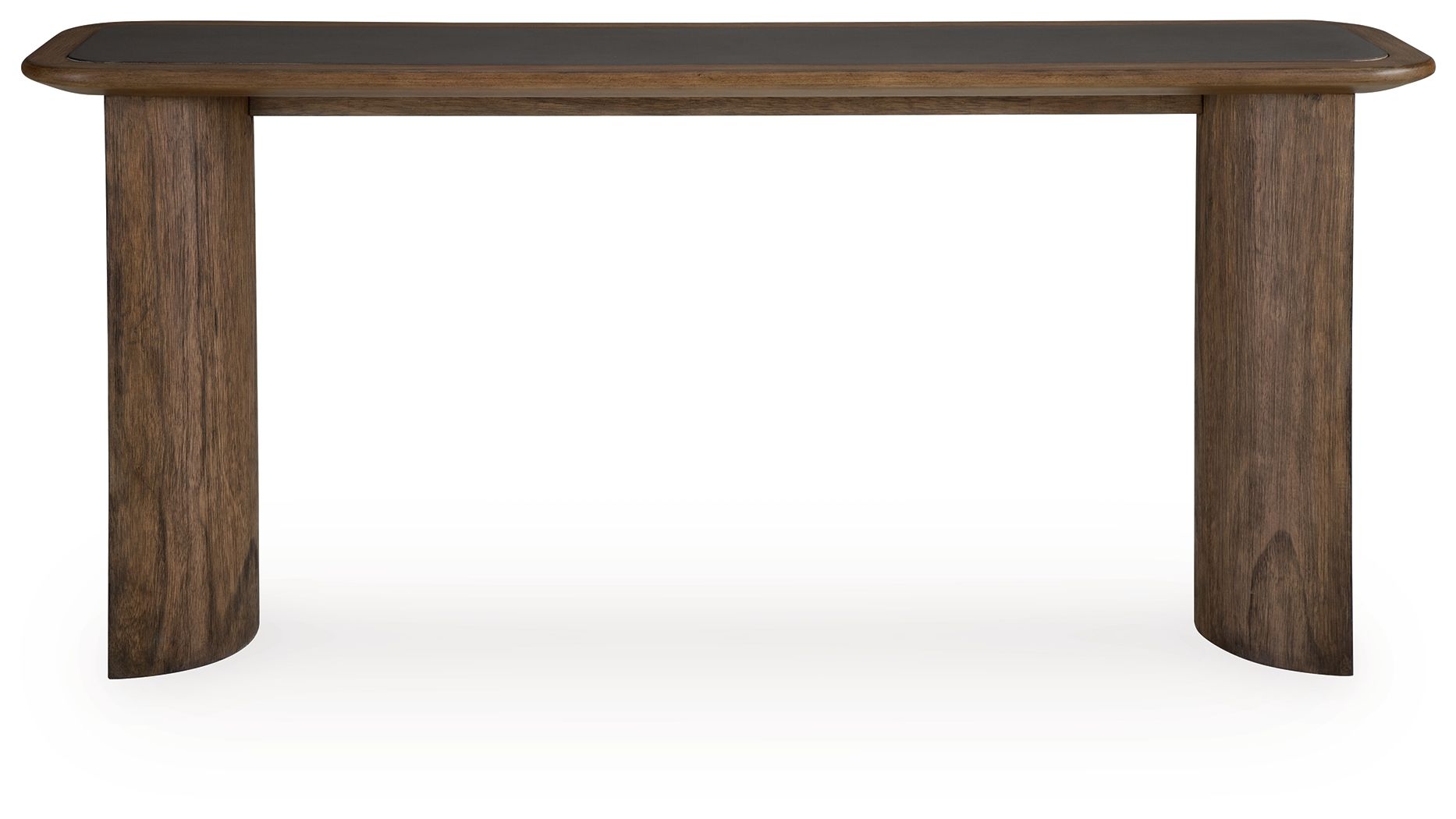 Warm brown wood sofa table, low rectangular top with tapered square legs
