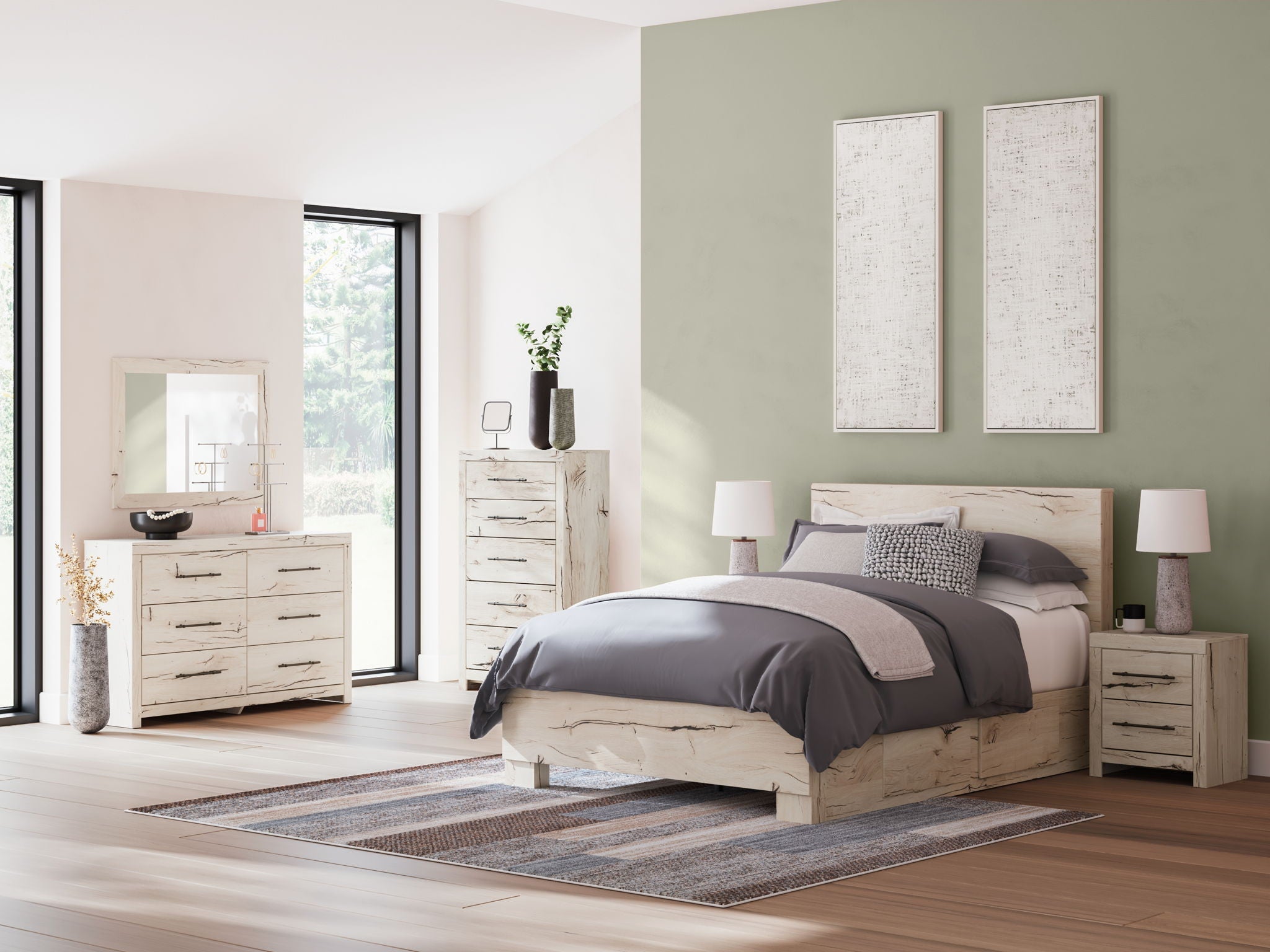 Bedroom storage set with bed frame, dresser with mirror, and nightstands in light wood