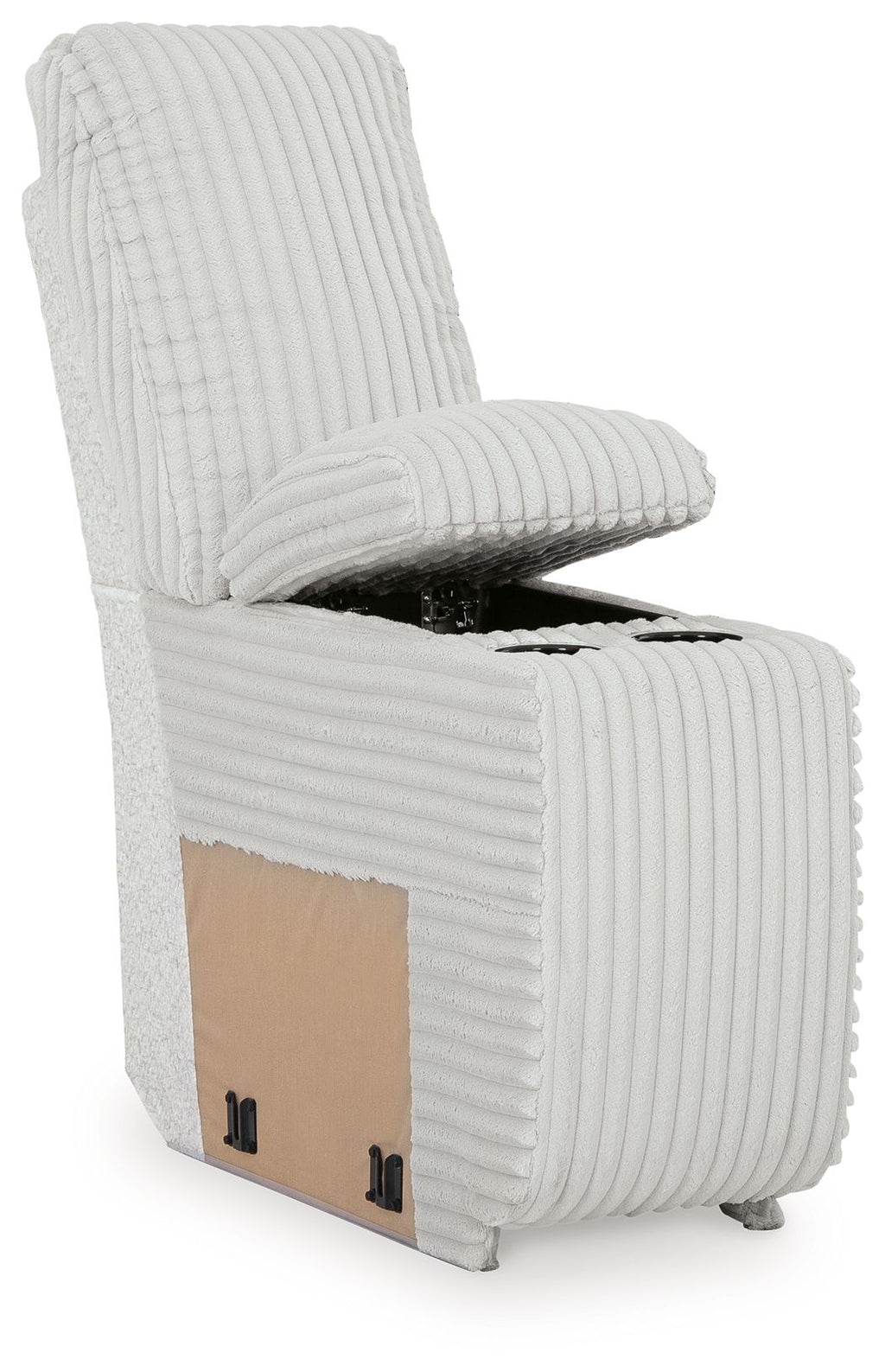 Ribbed light-gray console chair with storage compartment and open hinged top seat