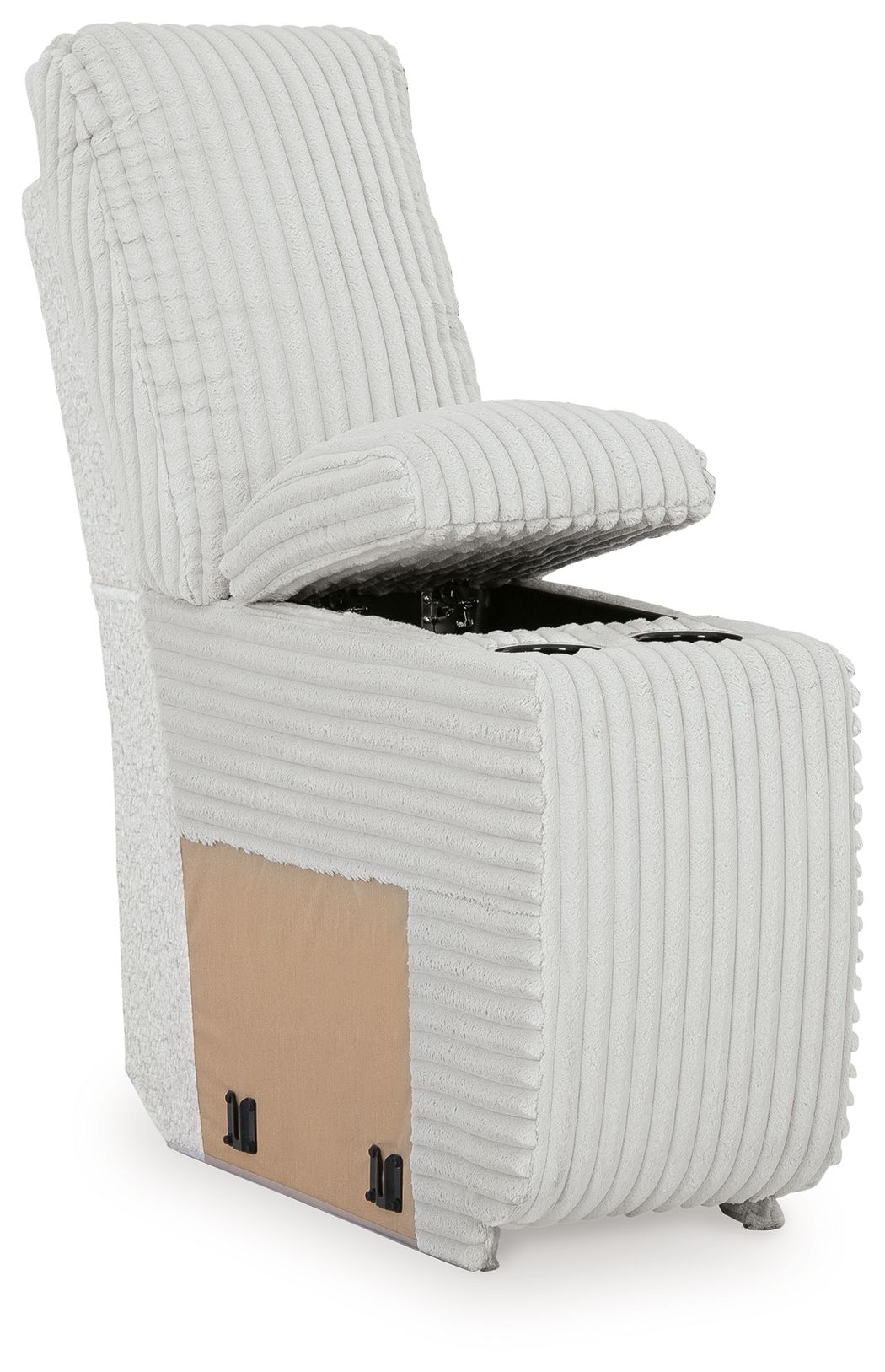 Ribbed light-gray console chair with storage compartment and open hinged top seat