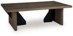 Rectangular living room table with light brown wood top and angled openwork supports