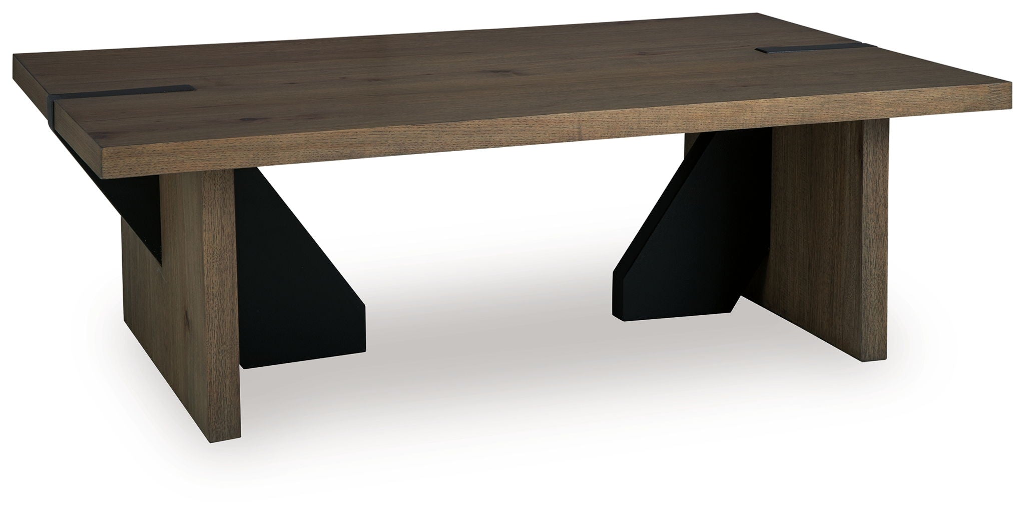 Rectangular living room table with light brown wood top and angled openwork supports