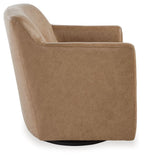 Beige swivel accent chair angled view with padded arms, cushioned seat, and rounded back