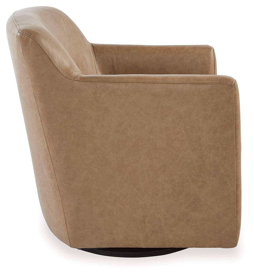 Beige swivel accent chair angled view with padded arms, cushioned seat, and rounded back