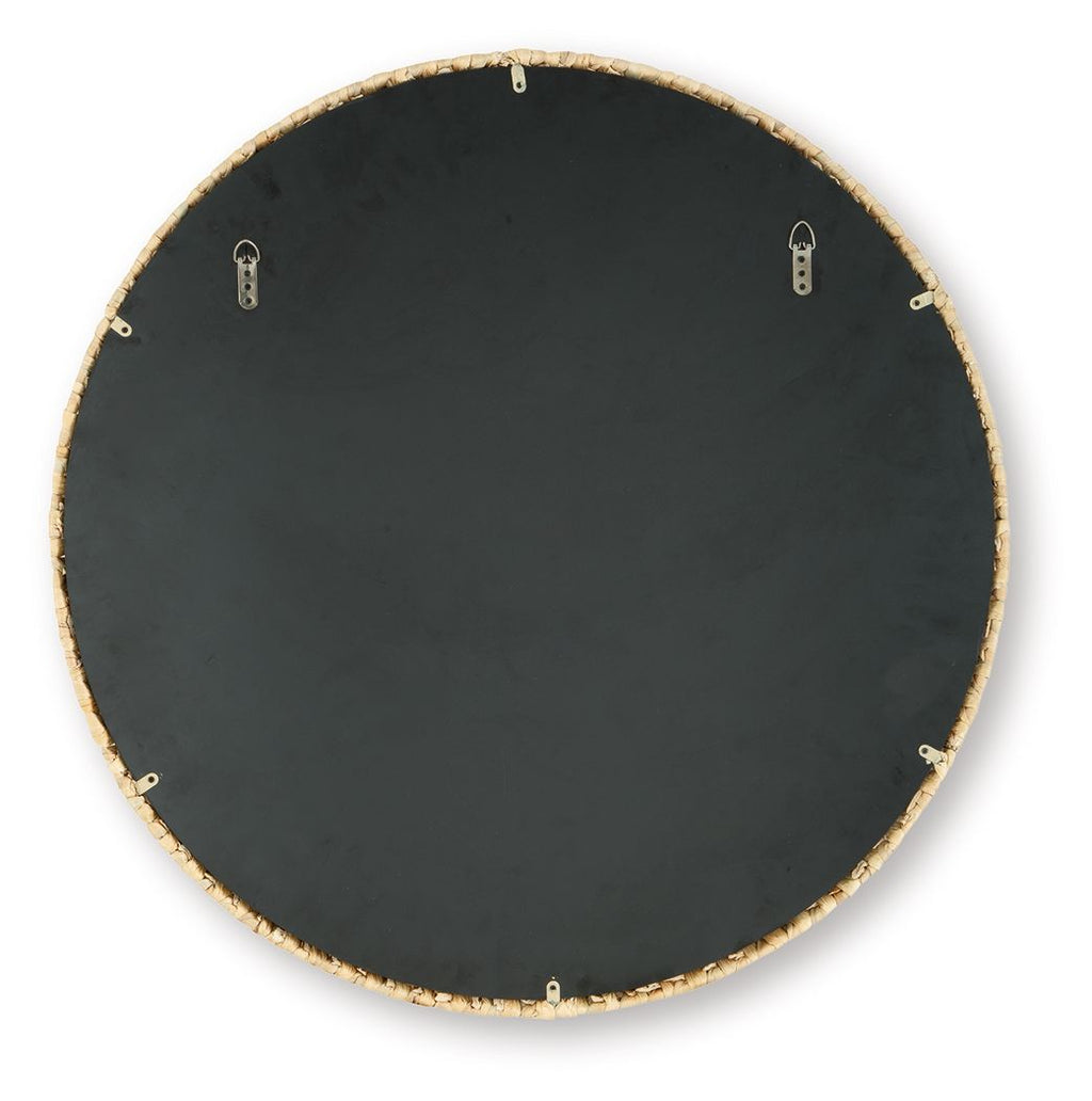 Round rattan accent mirror back with black panel and hanging hardware tabs