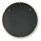 Round rattan accent mirror back with black panel and hanging hardware tabs