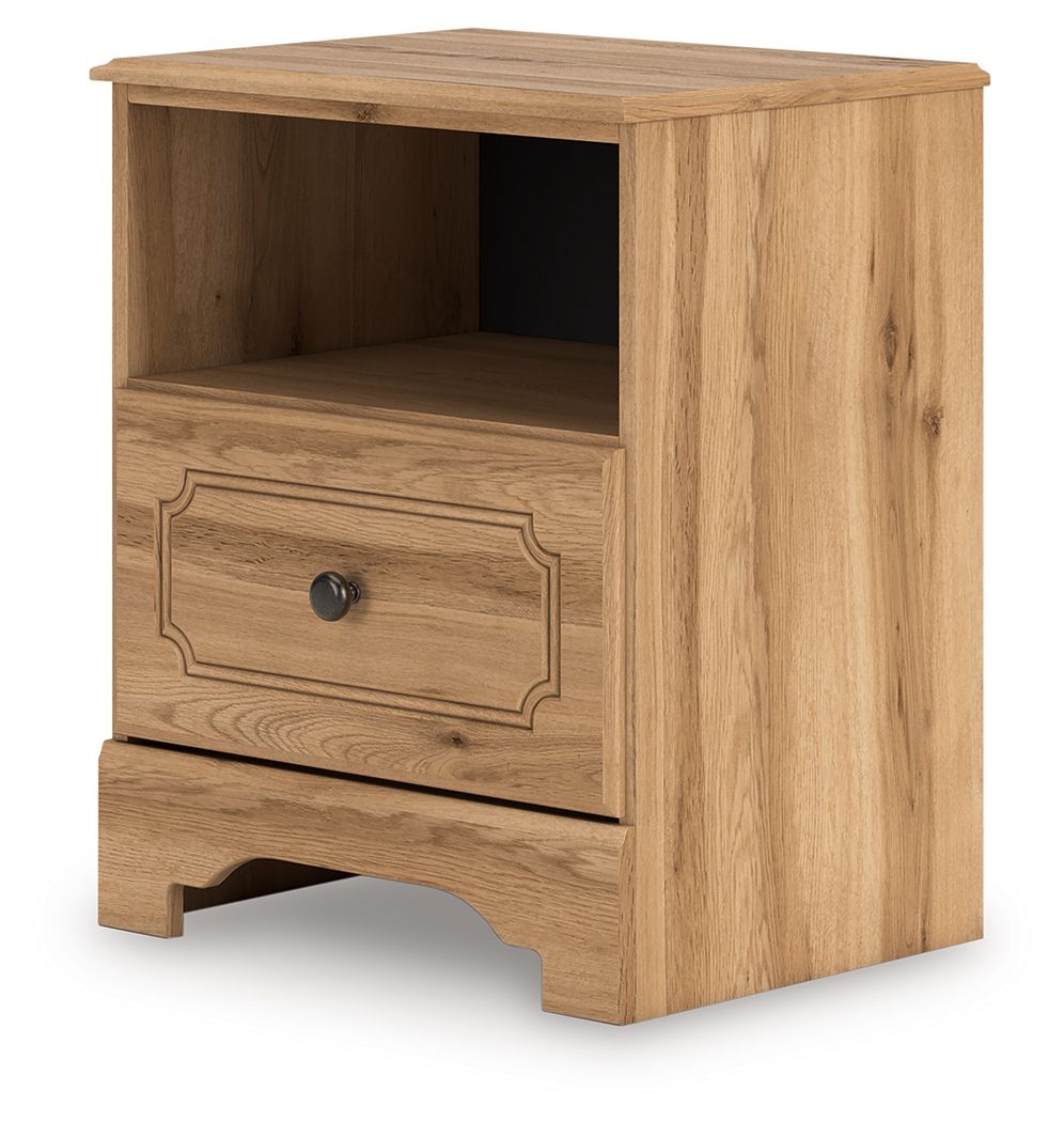 Warm brown wooden nightstand with open shelf, one drawer, round knob