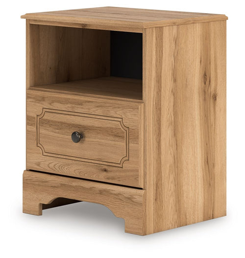Warm brown wooden nightstand with open shelf, one drawer, round knob