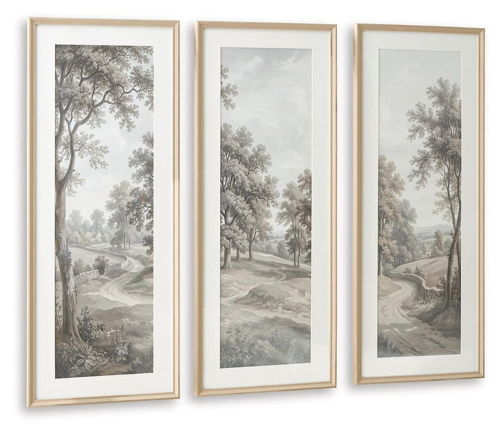 Set of three framed wall art prints, muted gray nature scenes with trees and curving trails
