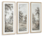 Set of three framed wall art prints, muted gray nature scenes with trees and curving trails