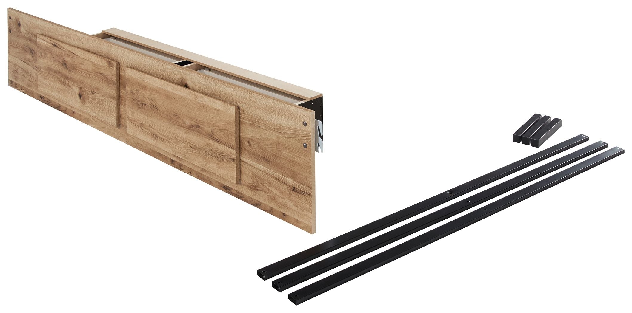 Under-bed storage panel with dark slats, tan brown wood for queen/king