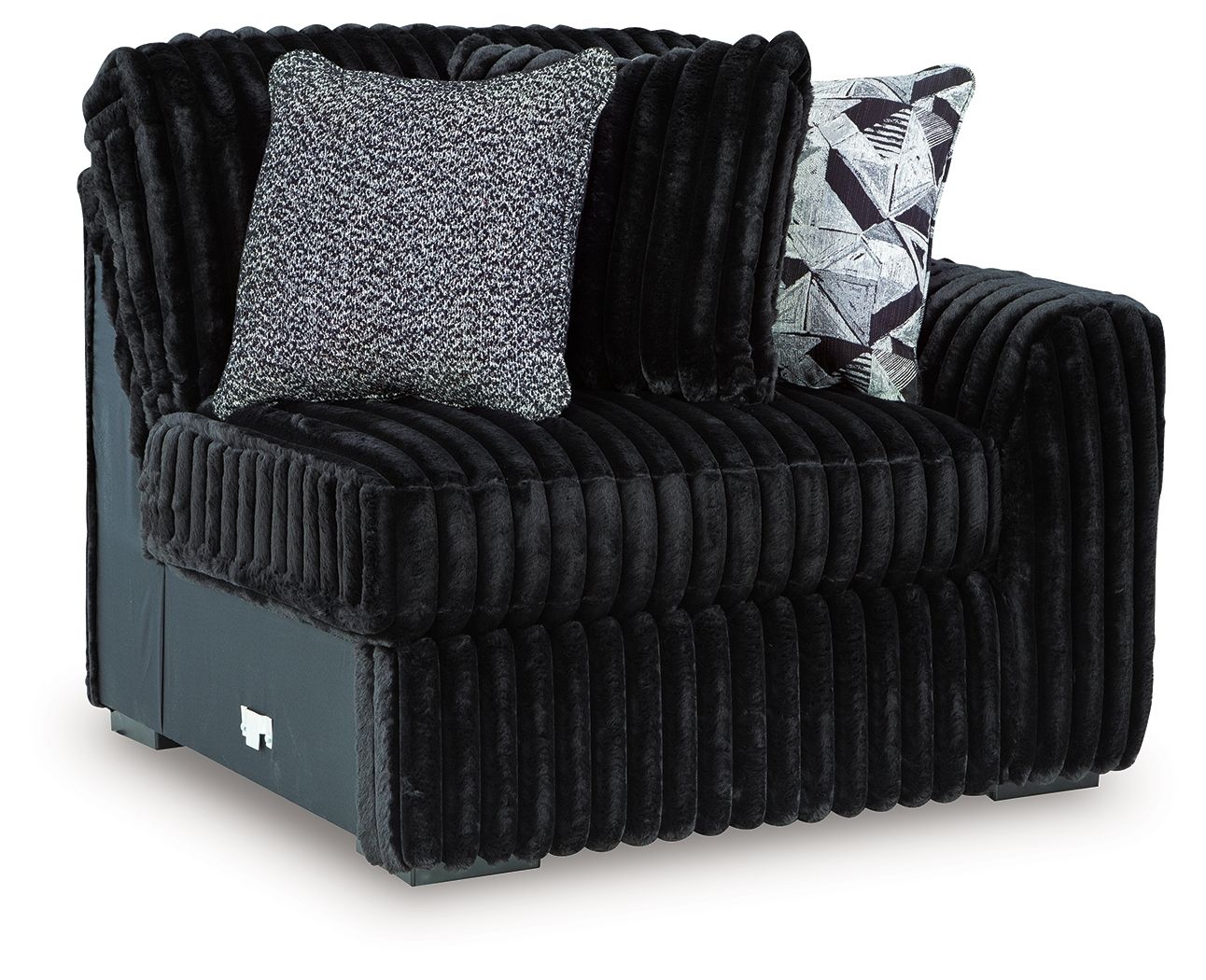Onyx corduroy corner accent chair with two throw pillows, one patterned and one gray-textured