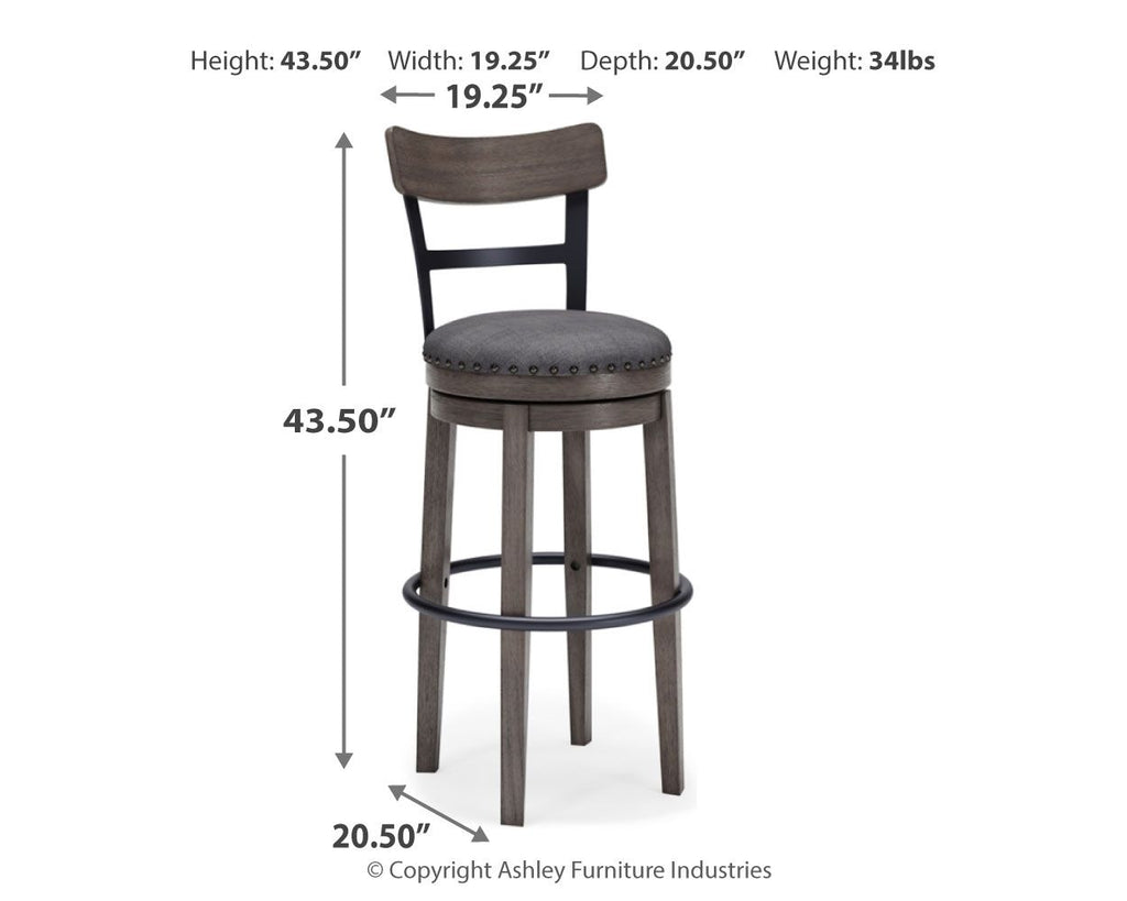 Gray tall swivel barstool with padded round seat, arched back, nailhead trim