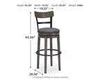 Gray tall swivel barstool with padded round seat, arched back, nailhead trim