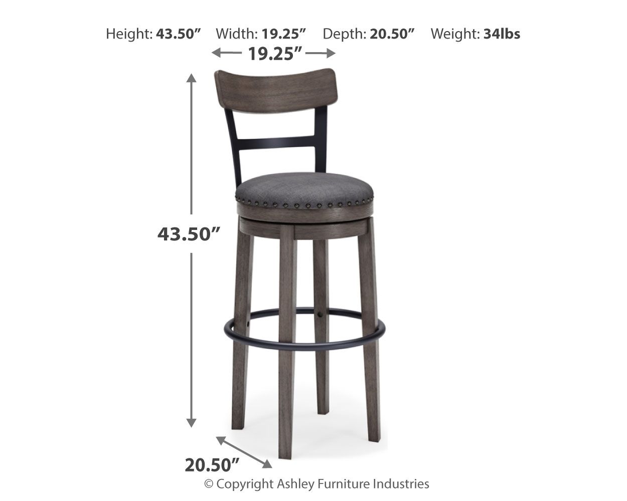 Gray tall swivel barstool with padded round seat, arched back, nailhead trim