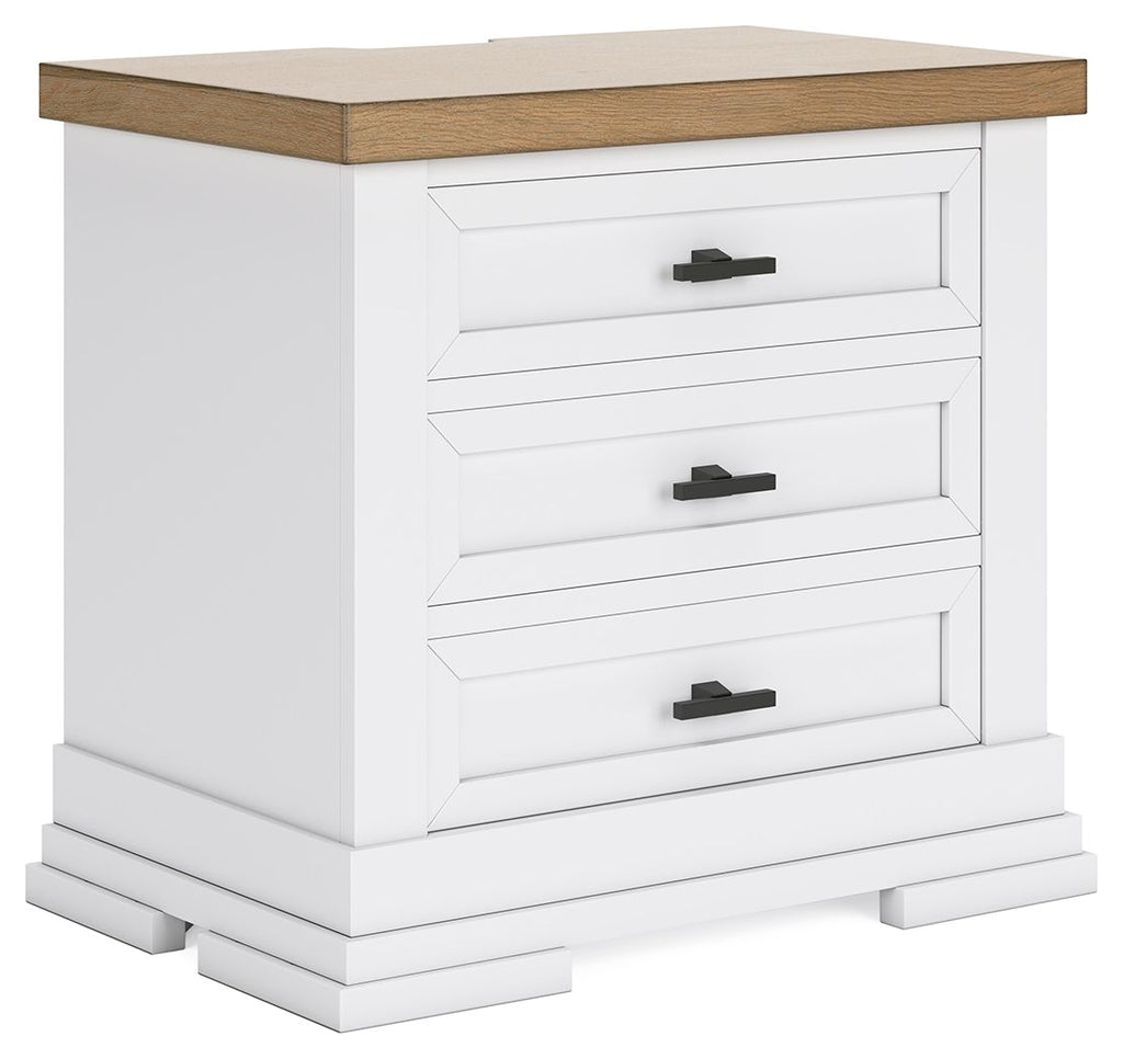 White three-drawer night stand with natural wood top and black bar handles