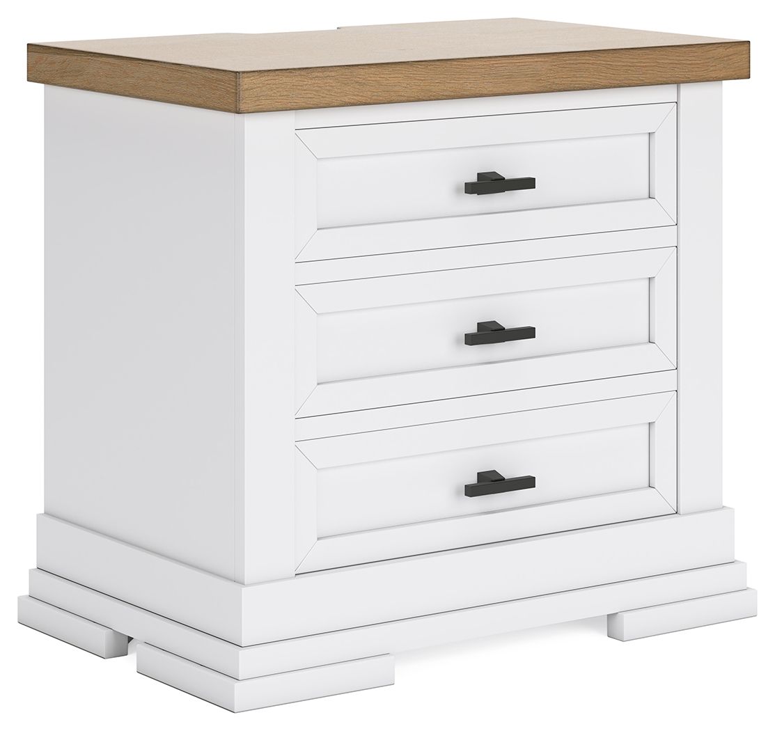 White three-drawer night stand with natural wood top and black bar handles