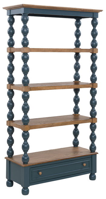 Blue and brown bookcase with open shelves and bottom drawer cabinet