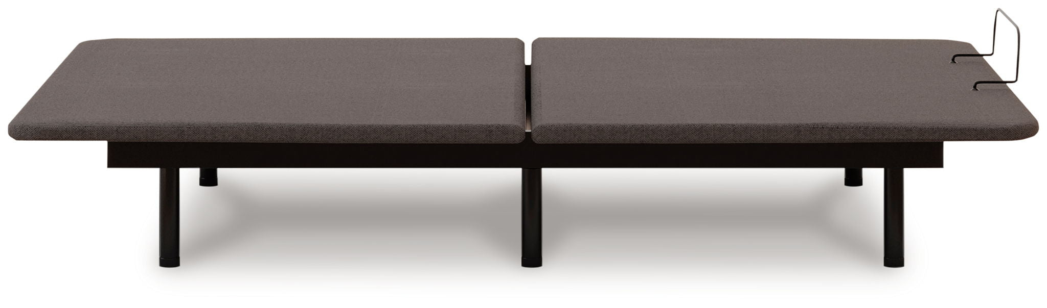 Adjustable bed base with dark two-section mattress platform and black legs, front view