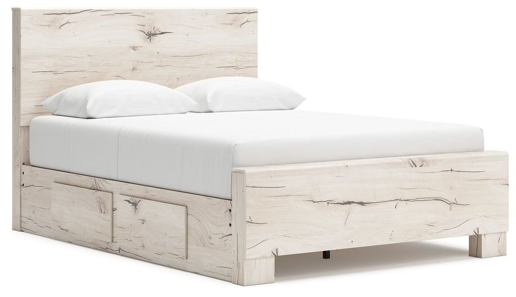 Light beige panel storage bed with upholstered headboard and front drawer storage panels