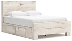 Light beige panel storage bed with upholstered headboard and front drawer storage panels
