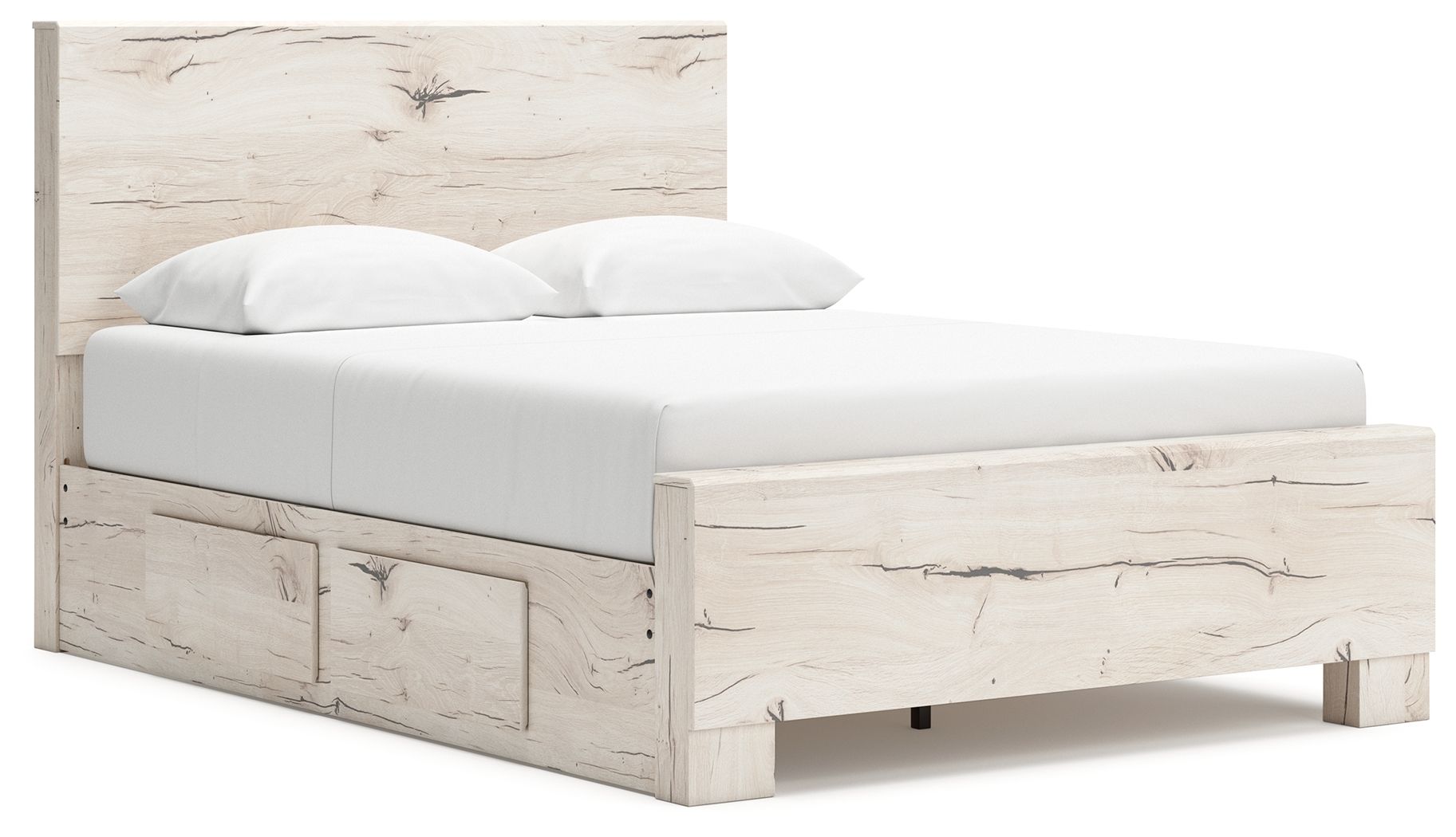 Light beige panel storage bed with upholstered headboard and front drawer storage panels