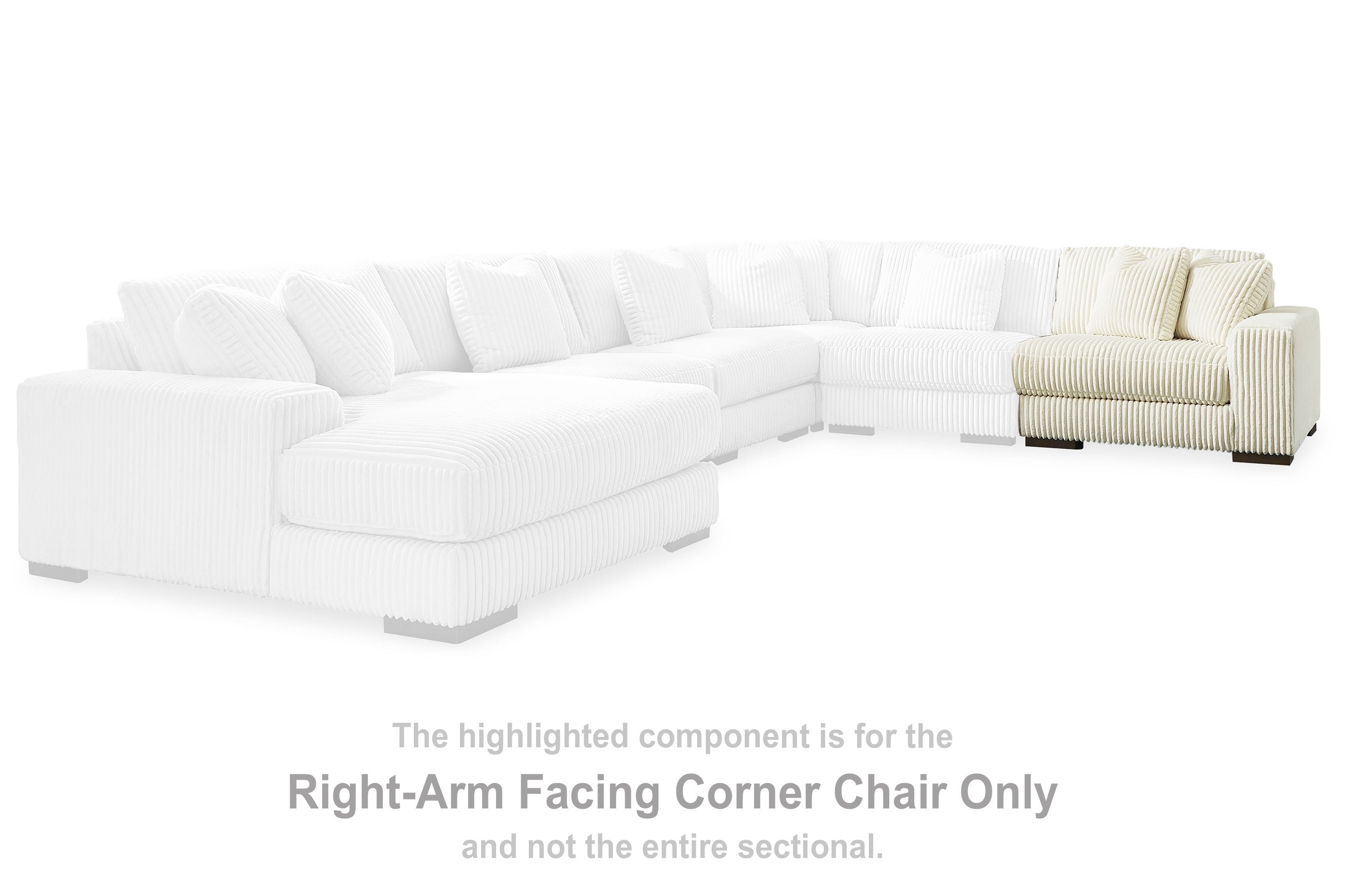 Ivory sectional corner chair section with ribbed upholstery and right-facing arm
