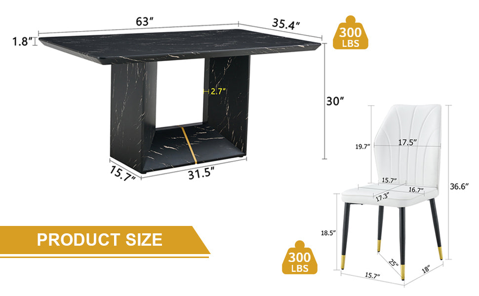 Black Marble Dining Set w/ 4 White Chairs