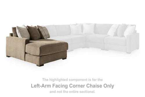 Left-arm facing corner chaise with medium-brown upholstery and three accent throw pillows