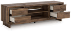 Dark brown wood TV stand with open center and side drawer storage