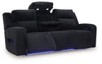 Power reclining sofa with adjustable headrests, black ribbed upholstery, raised headrests