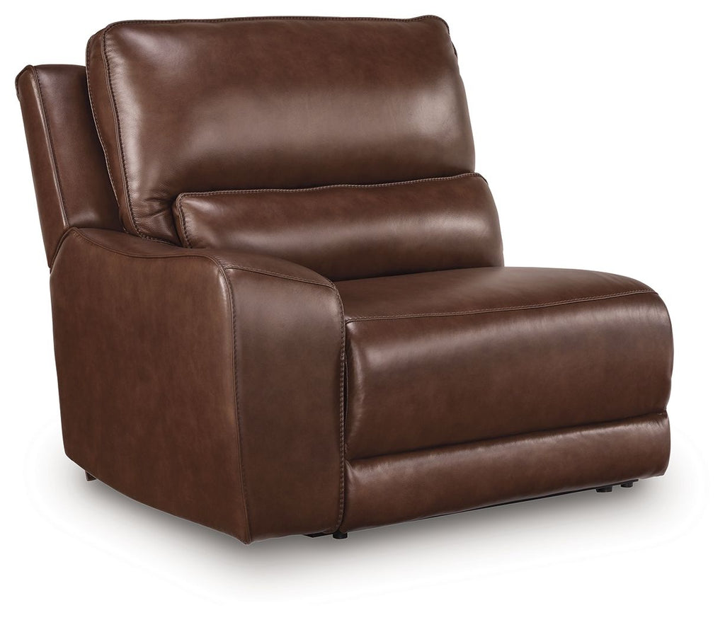 Silverbrooke zero-wall power recliner in dark brown leather, padded arm and seat