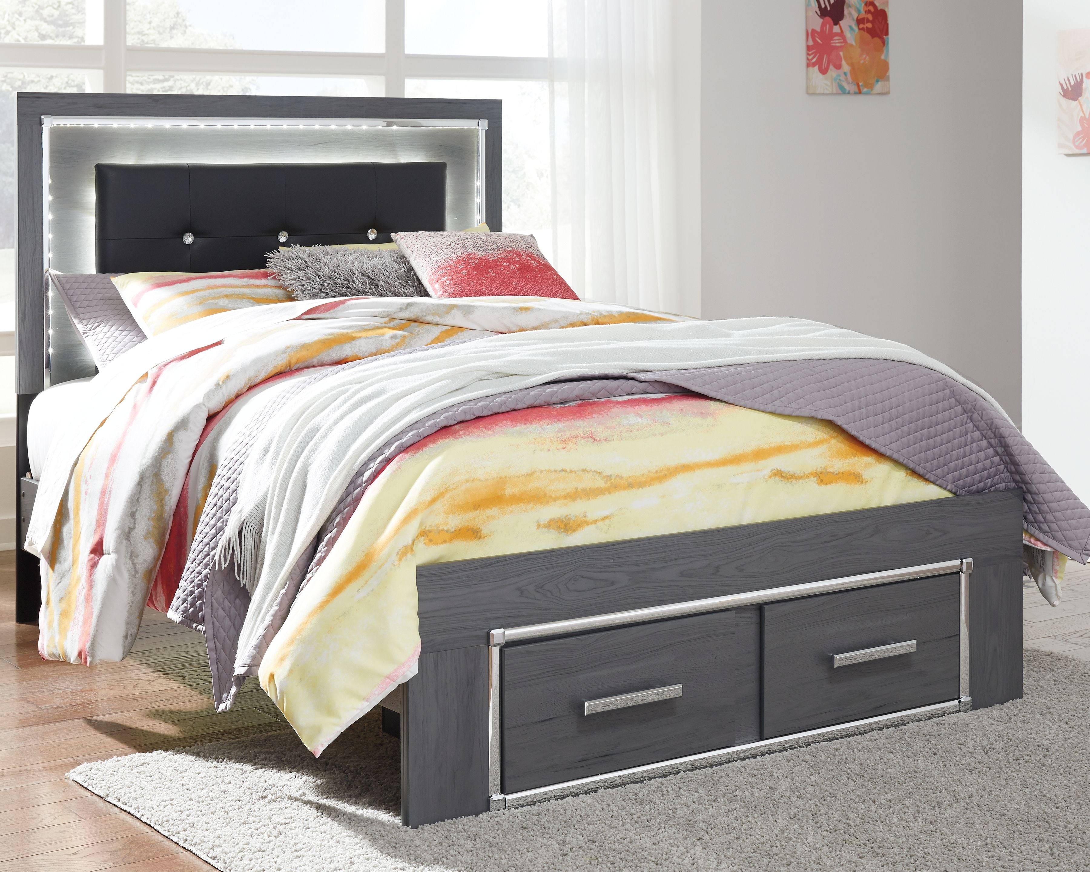 Gray youth panel bed frame with front storage drawer and footboard