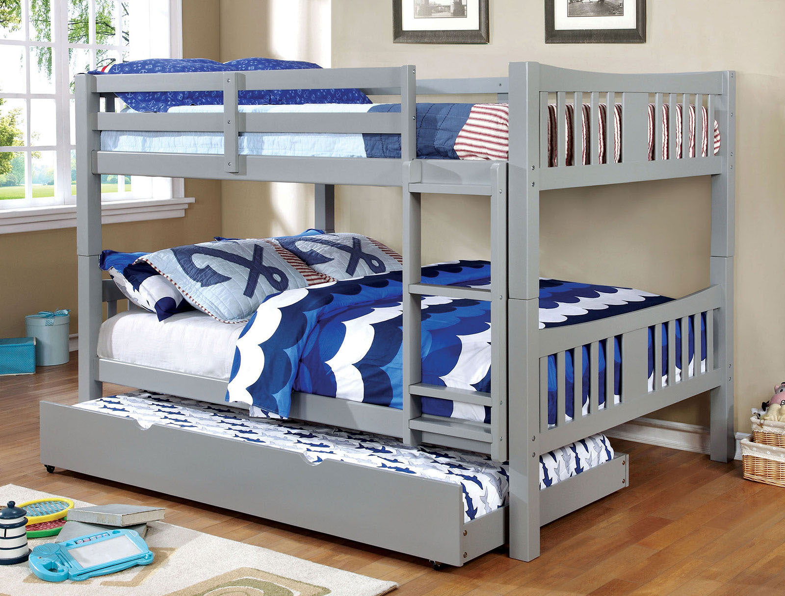 Full Over Full Bunk Bed Gray Transitional Style w/ Trundle, Ladder, Rails
