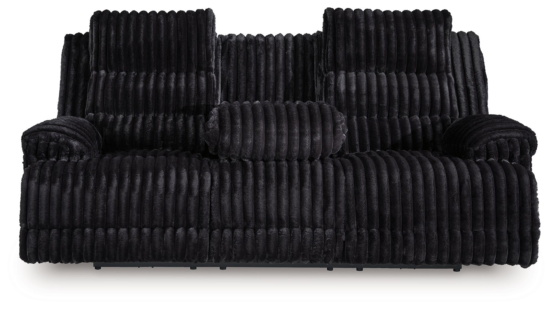 Black corduroy reclining sofa with plush backrest and padded armrests
