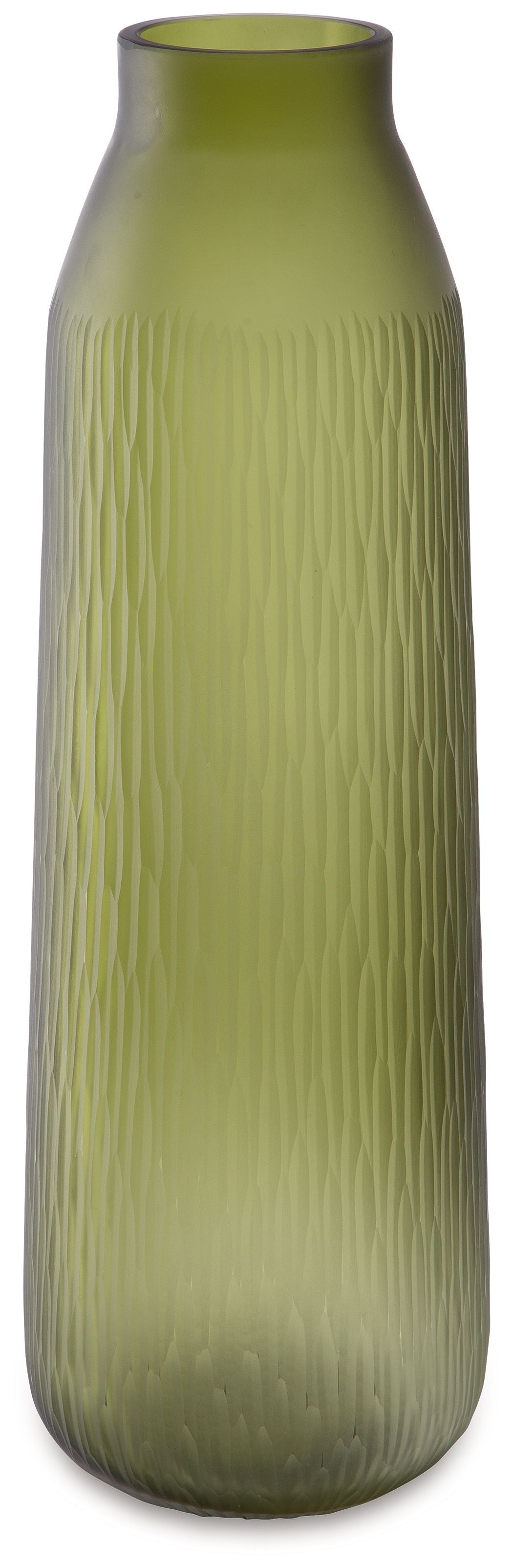 Green glass vase with tall narrow shape, short neck, and vertical ridged texture.