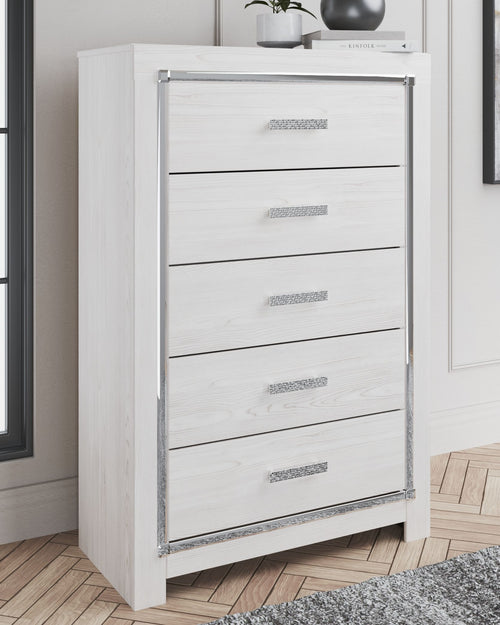 White five-drawer chest shown front angle, metal rails and drawer pulls