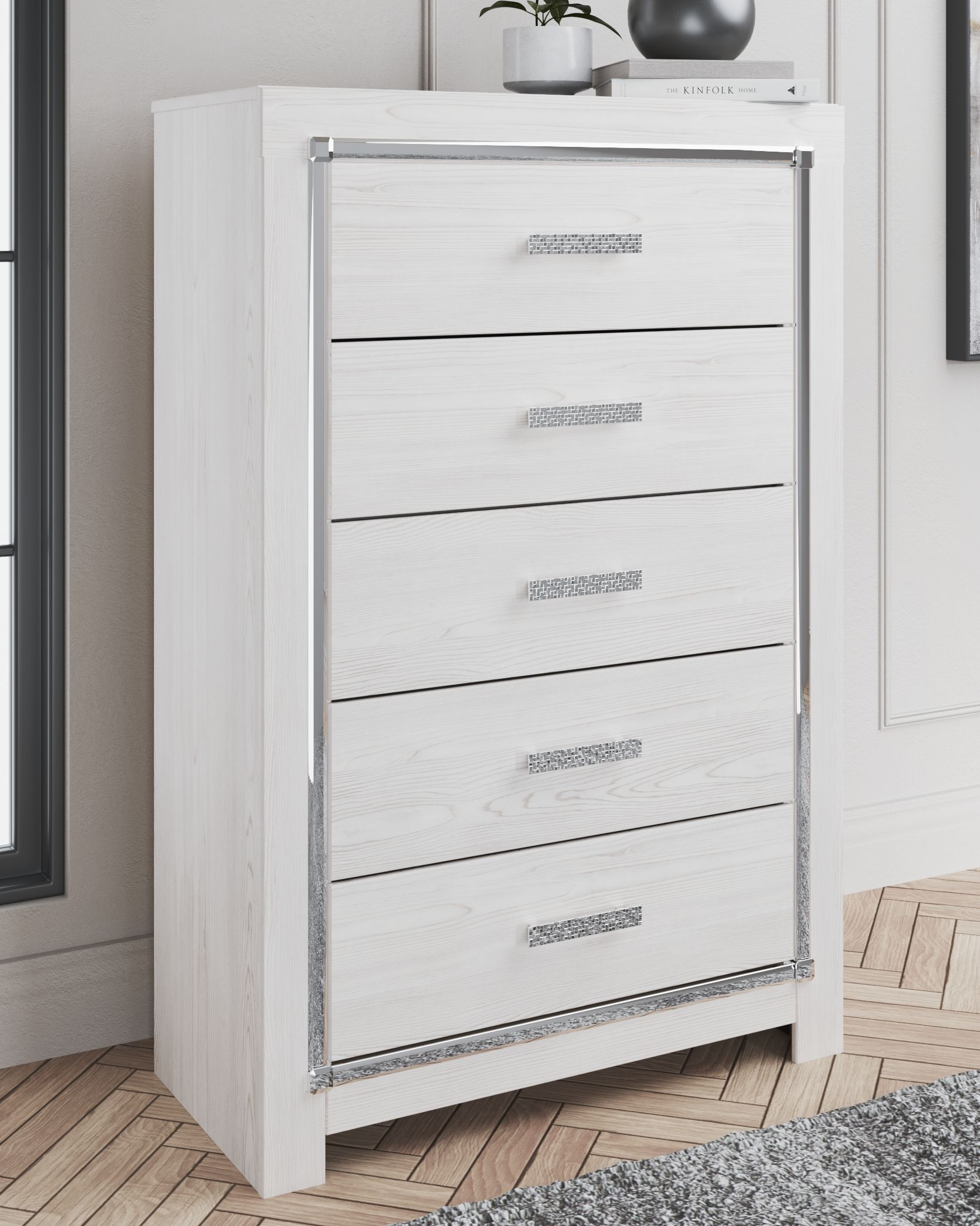 Altyra panel bookcase bedroom set white dresser with multiple drawers and pull handles