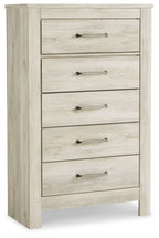 Whitewash five-drawer chest with five drawers and brushed metal bar pulls