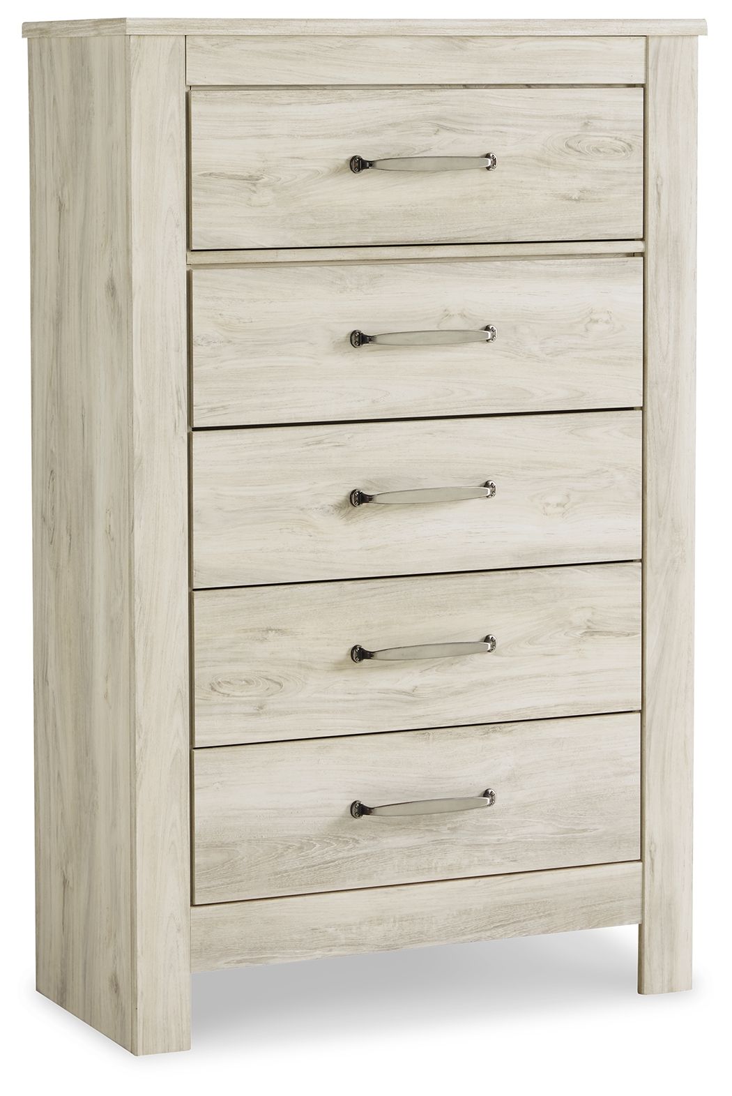 Whitewash five-drawer chest with five drawers and brushed metal bar pulls