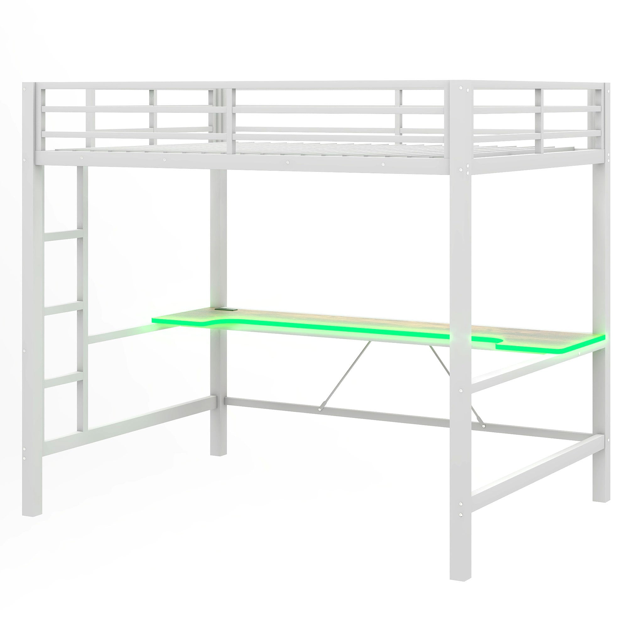 Full Size Gaming Metal Loft Bed Frame with Desk, LED, USB - White