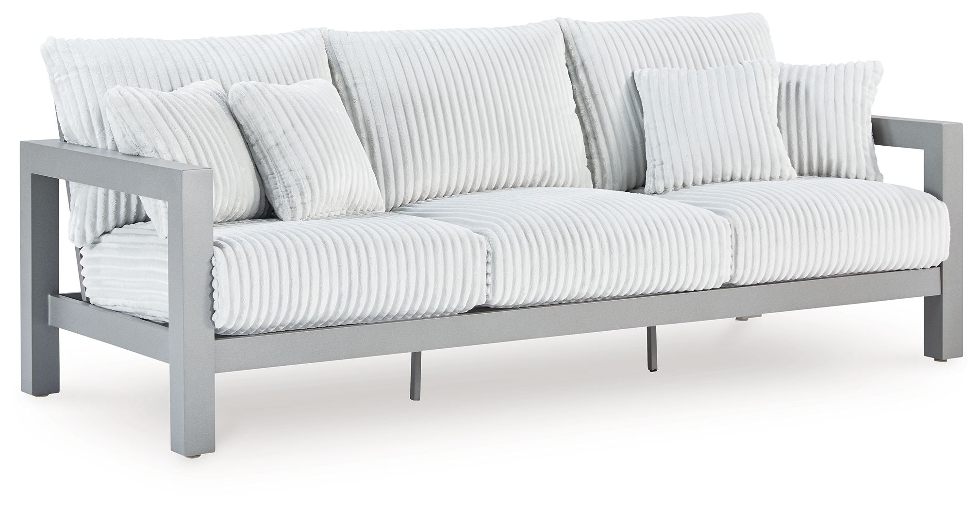 Hurley Park light gray outdoor sofa with armrests, ribbed seat cushions, and pillows