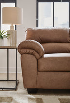 Rolled-arm sectional chaise with tufted cushions, warm brown upholstery