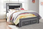 Gray bed frame with full panel rails and two drawer fronts, rectangular design