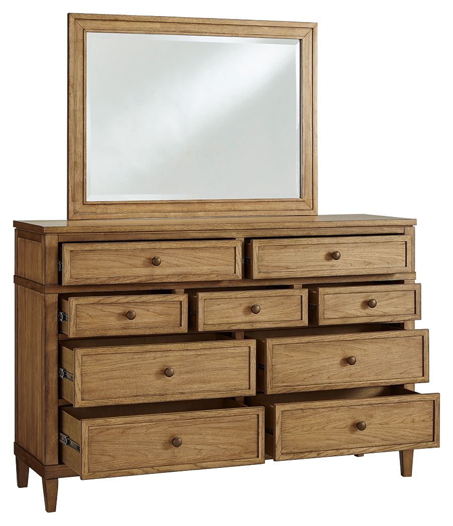 Light brown dresser with mirror, nine drawers with round metal knobs