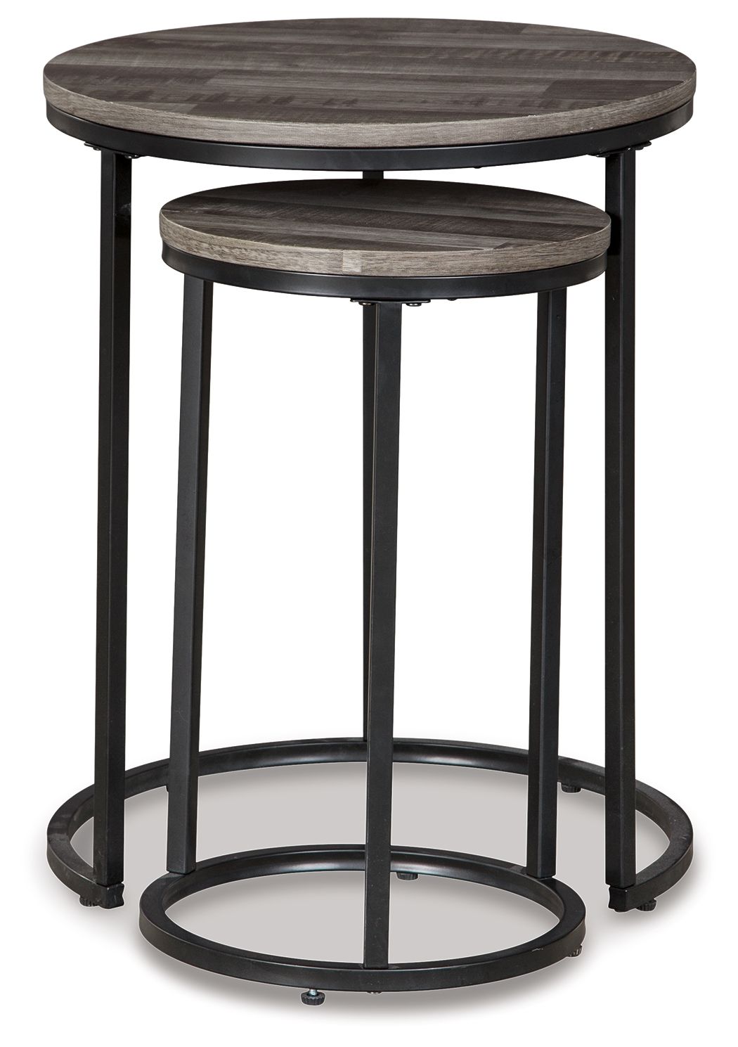 Nesting accent tables set of 2 with dark gray round tops and black iron frames